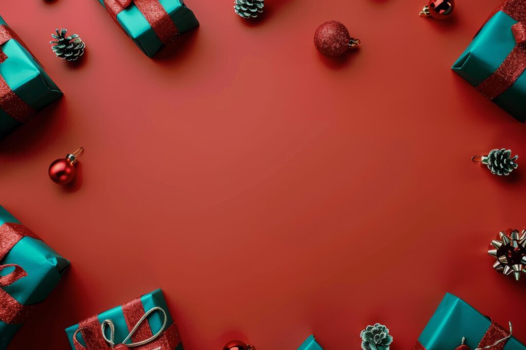 Red Background With Presents Wrapped in Blue and Red Ribbon Stock Free