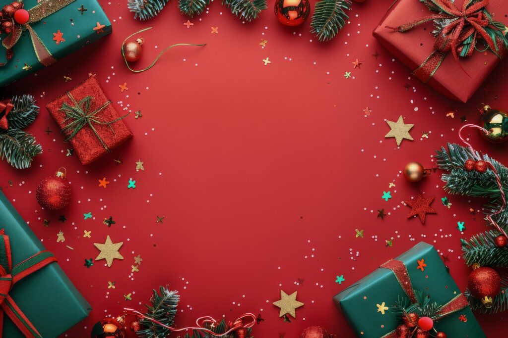 Red Christmas Background With Presents and Pine Cones Stock Free