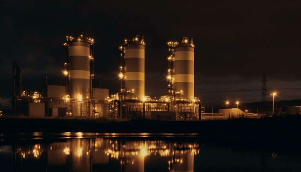 Refinery manufacturing industry illuminates dark polluted night generated by AI Stock Free