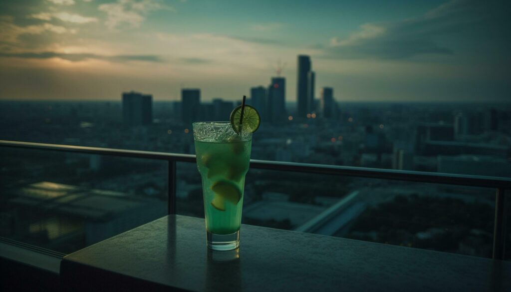 Refreshing cocktails in urban skyline at night generated by AI Stock Free