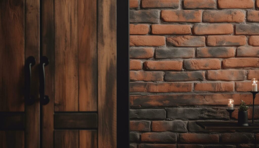 Rustic brick wall with dark wood table, antique decor indoors generated by AI Stock Free