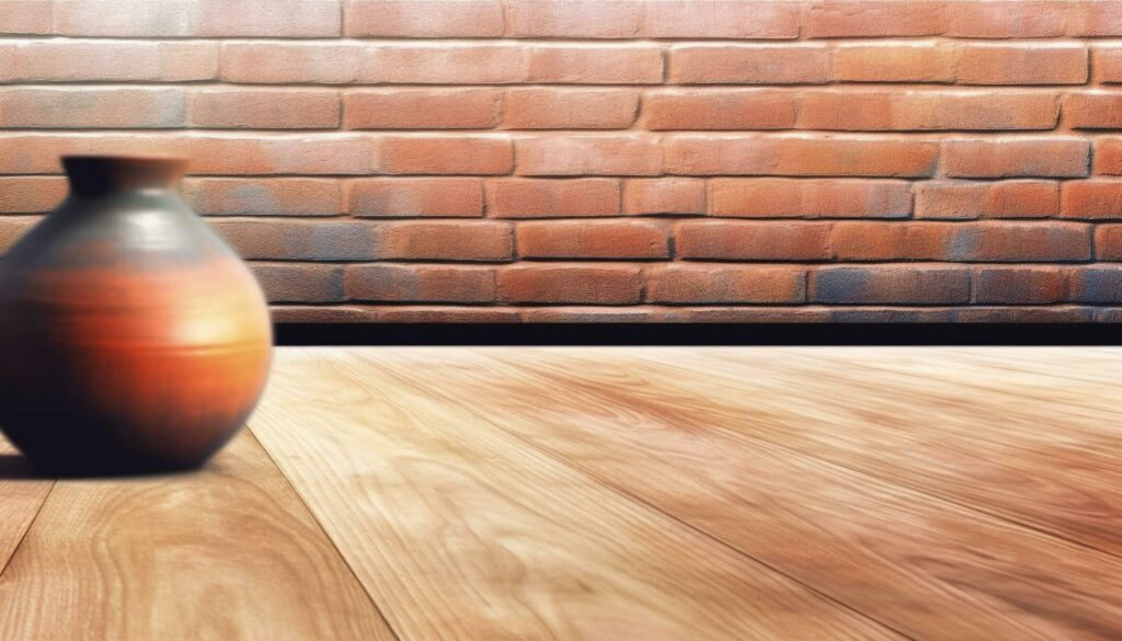 Rustic earthenware jug on rough plank table in old room generated by AI Stock Free