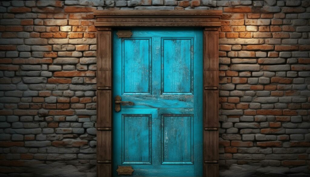 Rustic wood door with rusty handle, ancient brick wall backdrop generated by AI Stock Free