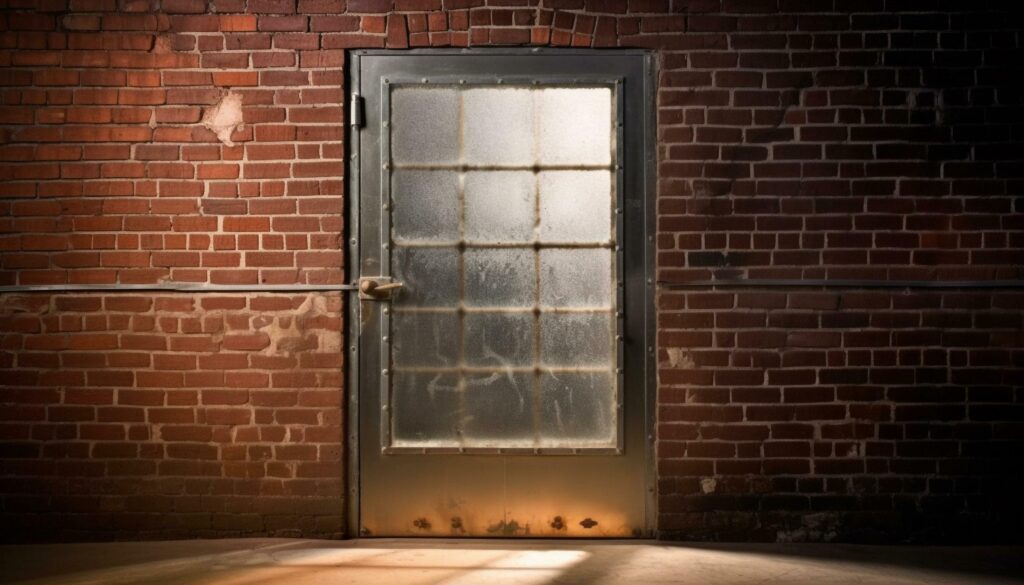 Rusty metal door on weathered brick wall with iron handle generated by AI Stock Free