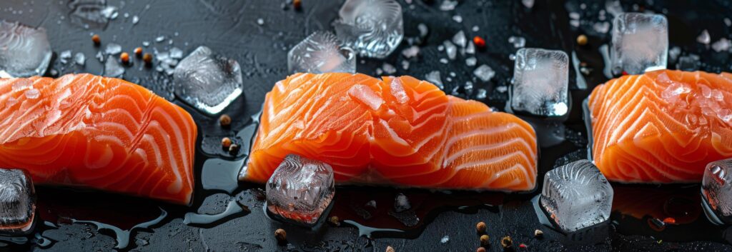 Salmon Slices on Ice on a Black Background Stock Free