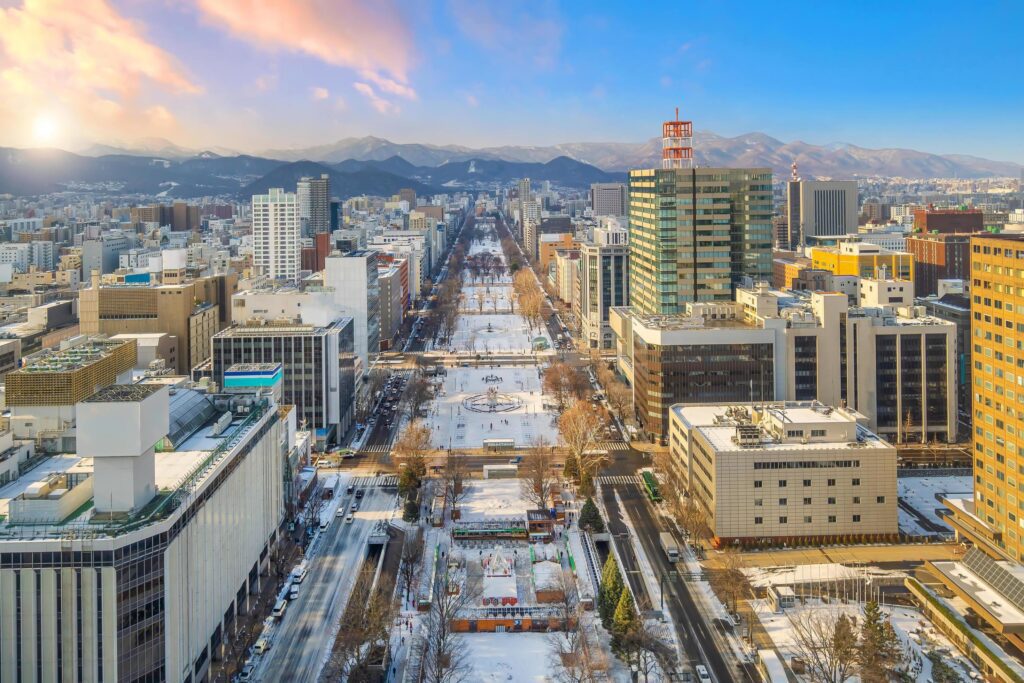 Sapporo city downtown skyline cityscape of Japan sunset Stock Free