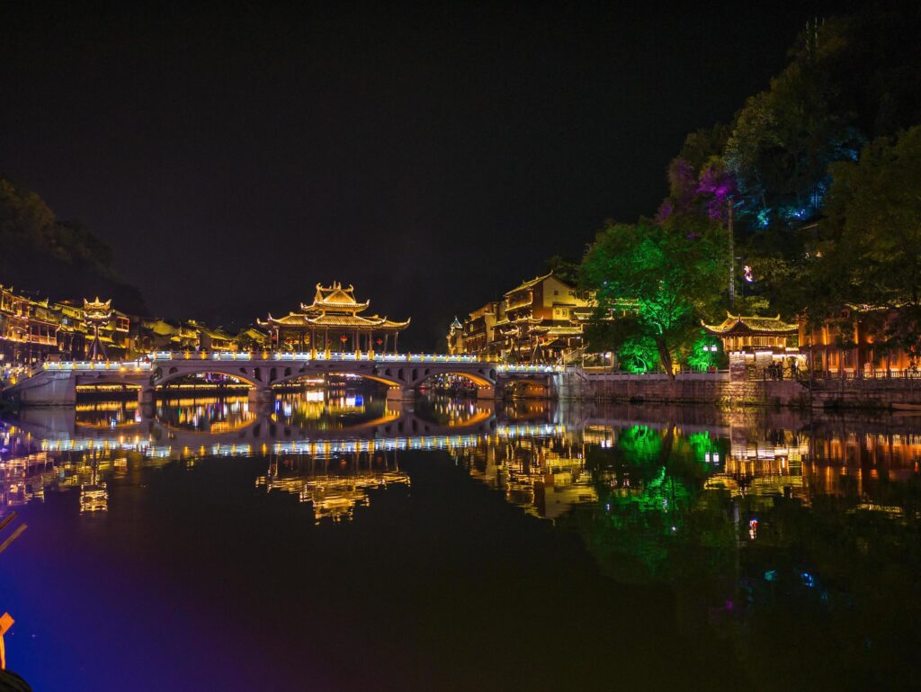 Scenery view in the night of fenghuang old town .phoenix ancient town or Fenghuang County is a county of Hunan Province, China Stock Free