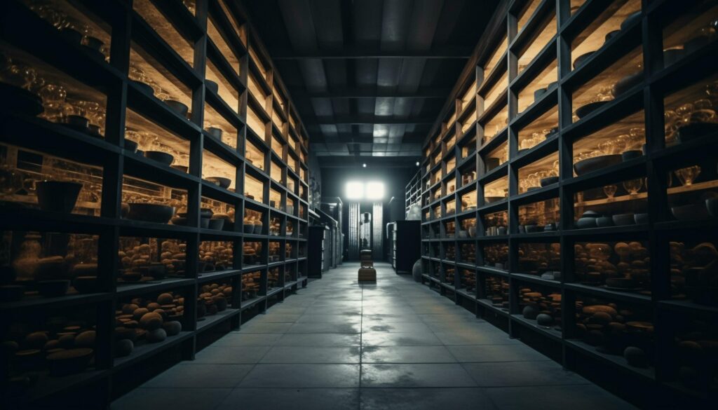 Shelf in a row, vanishing point inside warehouse generated by AI Stock Free