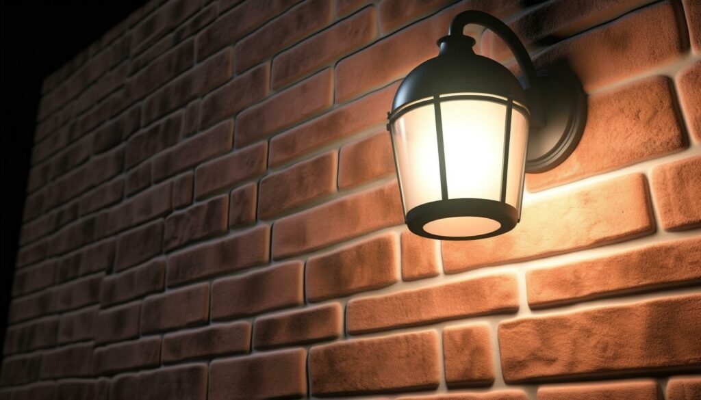 Shiny lantern hangs on brick wall, illuminating elegant pattern generated by AI Stock Free