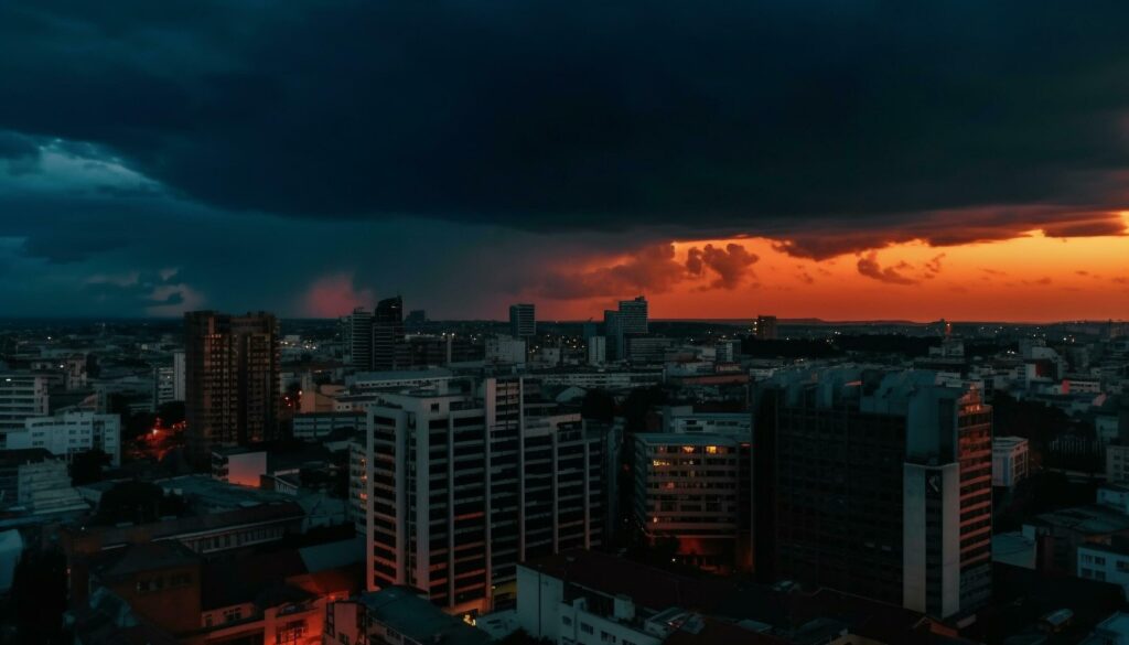 Silhouette of city skyline at dusk, illuminated by dramatic sky generated by AI Stock Free