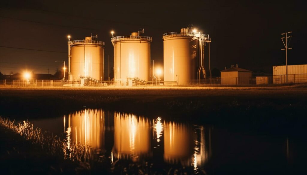 Silhouette of factory steel tubing against dusk reflection generated by AI Stock Free