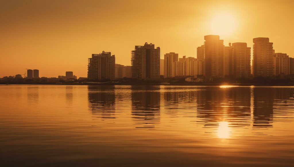 Silhouette skyline reflects in tranquil waterfront dusk generated by AI Stock Free