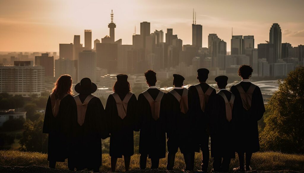 Silhouettes of businessmen and women walking in city generated by AI Stock Free