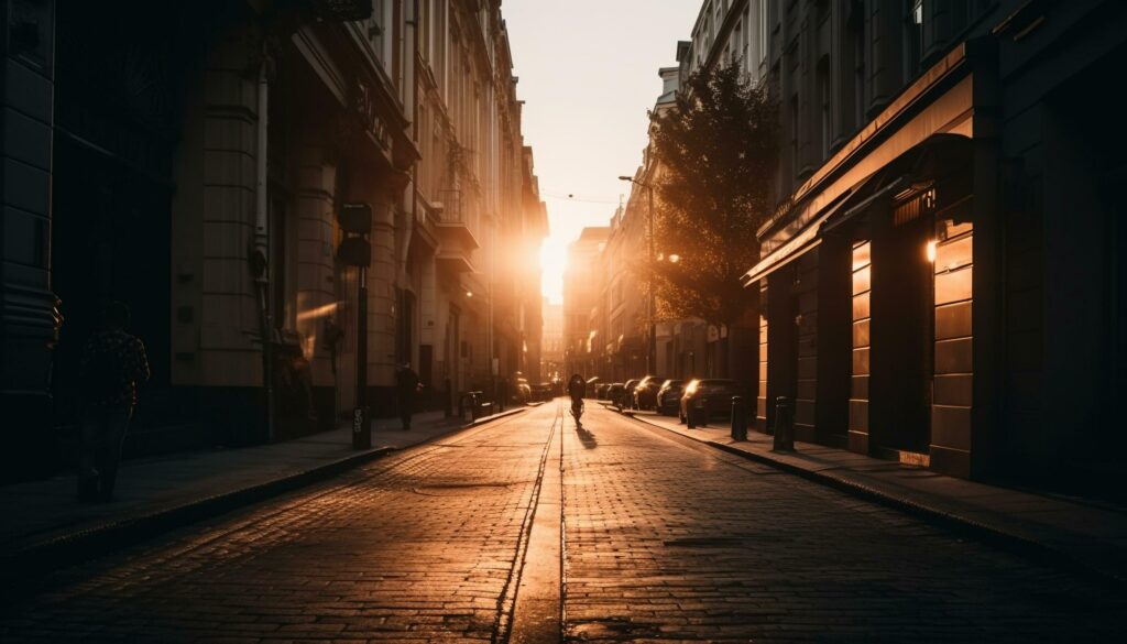 Silhouettes walking on old city street at dusk generated by AI Stock Free