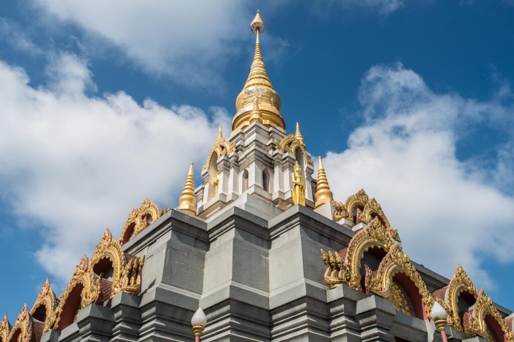 Sinakarintra Stit Mahasantikhiri Pagoda the remembrance monument of his majesty queen mother of Thailand on the top of mountain at Doi Mae Salong, Chiang Rai province of Thailand. Stock Free