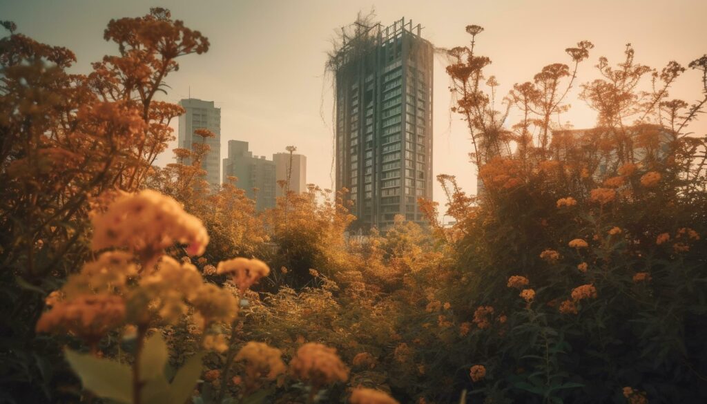 Skyscraper silhouette reflects beauty of urban nature generated by AI Stock Free