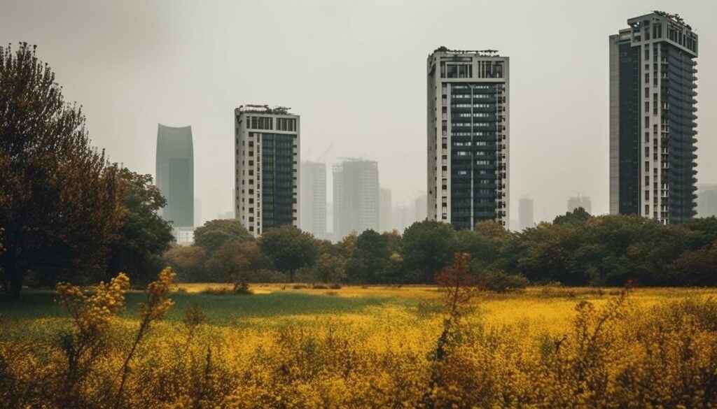 Skyscraper stands tall in nature autumn cityscape generated by AI Stock Free