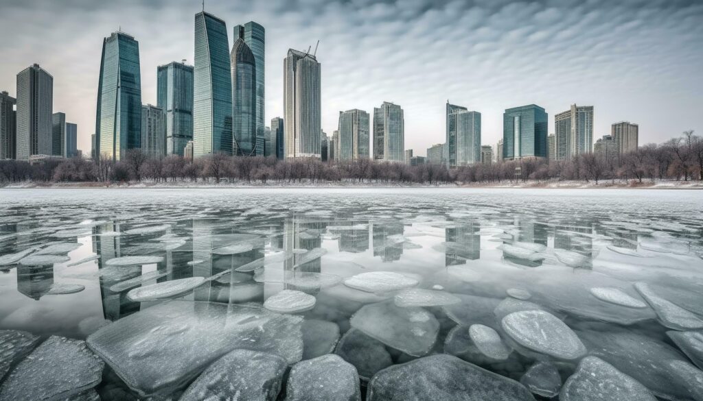 Skyscraper windows reflect snowy cityscape at dusk generated by AI Stock Free