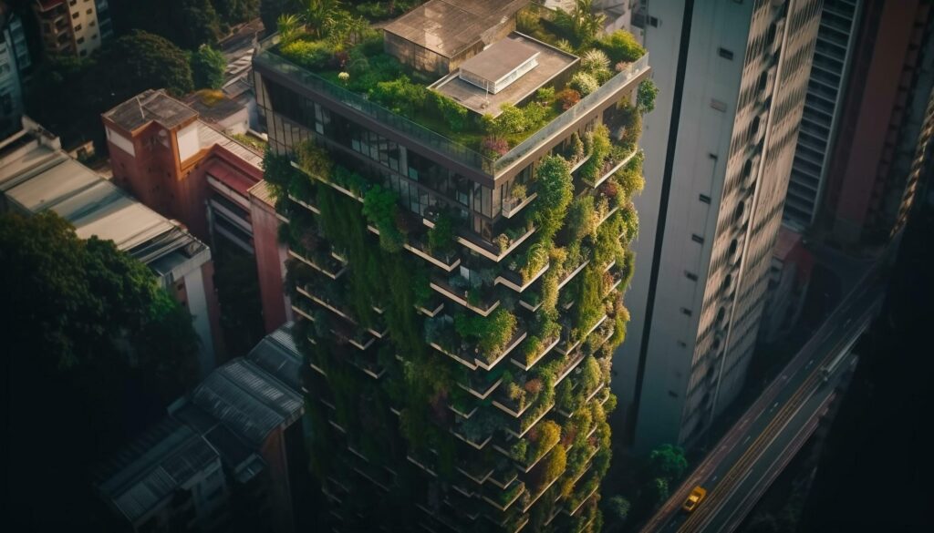 Skyscrapers rise, city hums nature thrives nearby generated by AI Stock Free