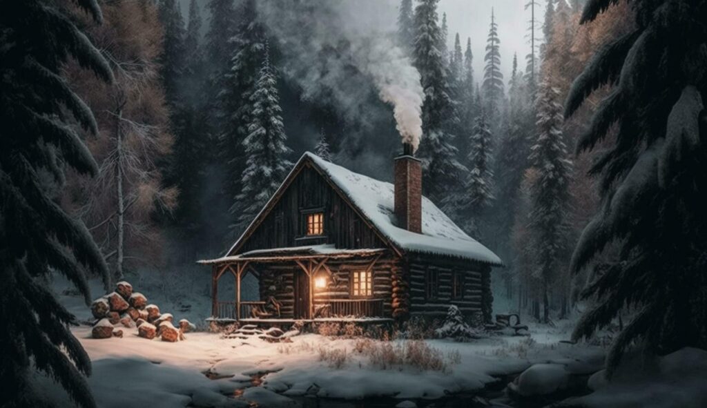 Snow covered forest cottage with smoking chimney at night ,generative AI Stock Free