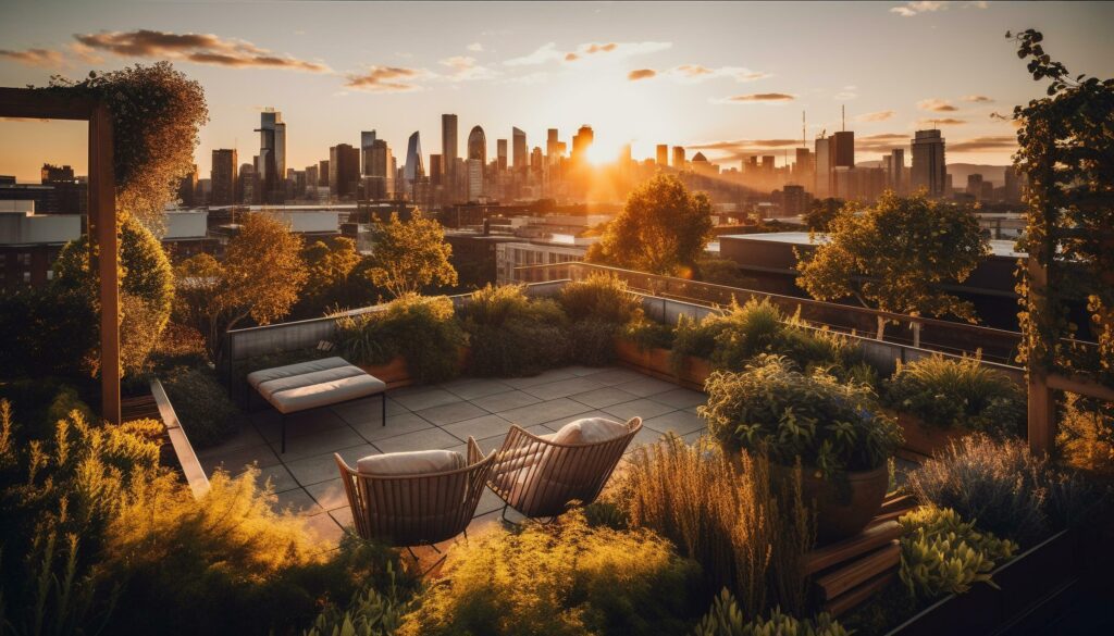 Spectacular city skyline illuminated by sunset sunlight generated by AI Stock Free