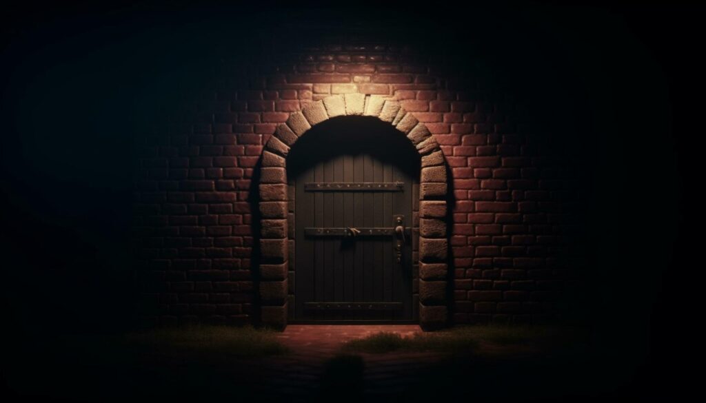 Spooky old doorway leads to abandoned dungeon with rusty arch generated by AI Stock Free