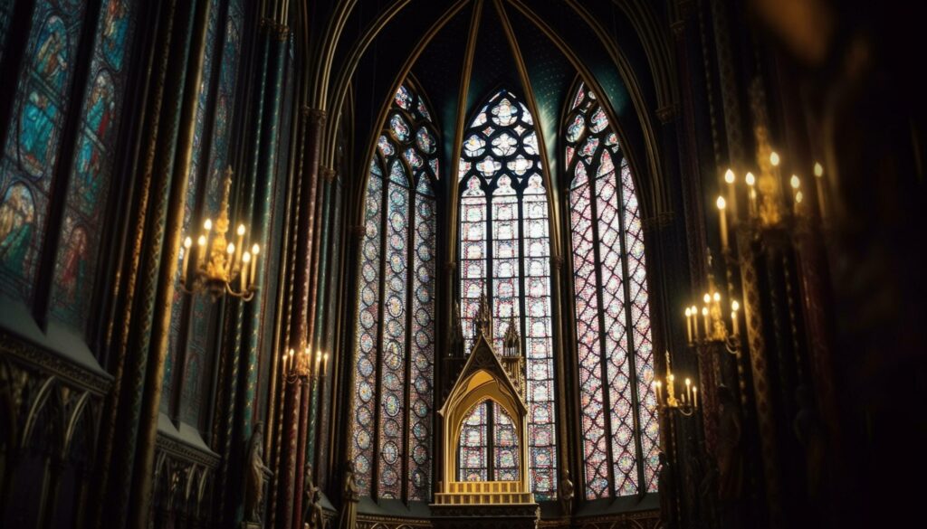 Stained glass illuminates majestic gothic basilica interior generated by AI Stock Free