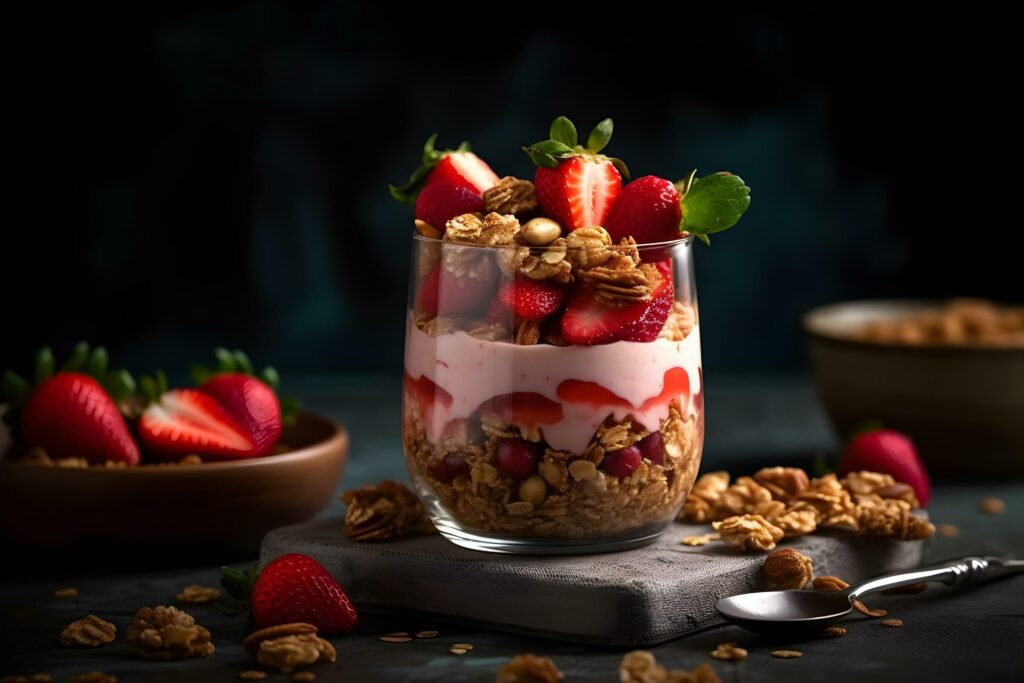 Strawberry yogurt granola parfait with sliced nuts and fresh strawberries berries in a glass jar on dark background. Generative AI. Stock Free