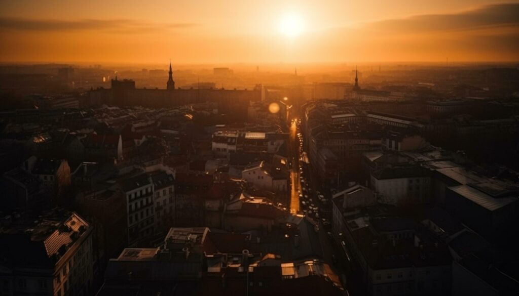 Sunset illuminates city skyline, nature pollution evident generated by AI Stock Free