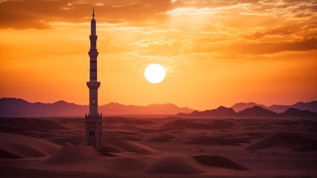 photo sunset over desert with muslim mosque in the foreground, muslim, arabic, islam, ramadan, eid celebrate, muslim holiday. Stock Free