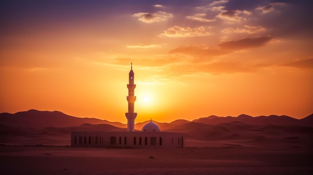 photo sunset over desert with muslim mosque in the foreground, muslim, arabic, islam, ramadan, eid celebrate, muslim holiday. Stock Free