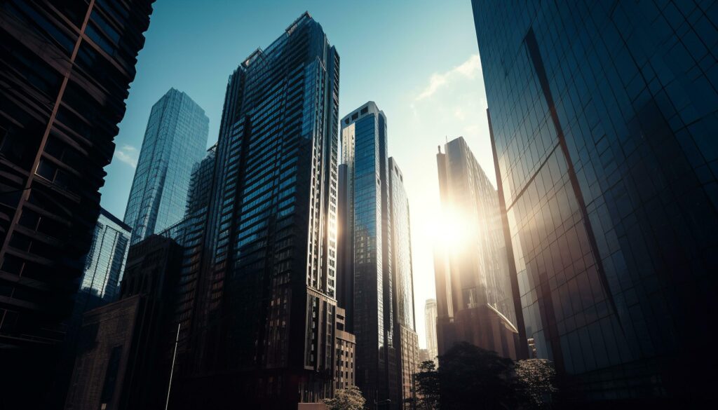 Tall steel skyscraper reflects blue twilight sunlight glow generated by AI Stock Free