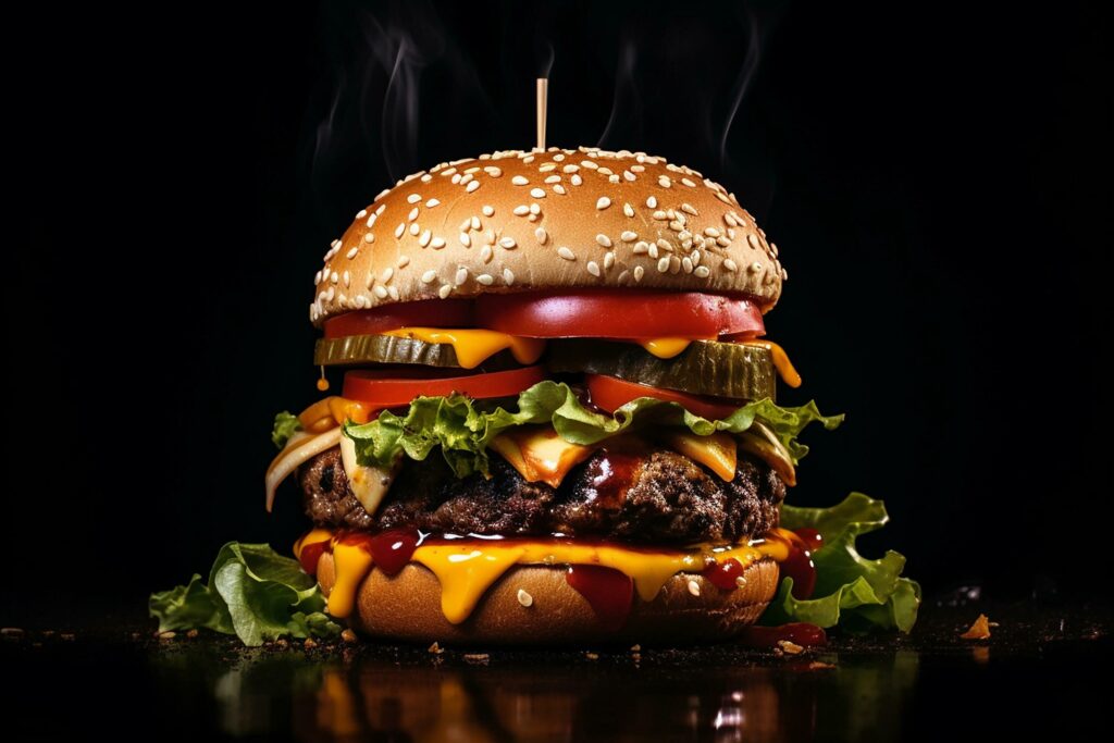 Tasty burger on the wooden board with dark lighting and black background. Food and delivery concept. Generative AI Stock Free