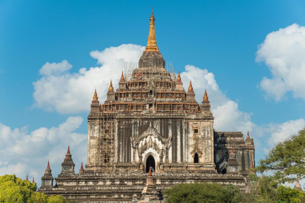 Thatbyinnyu Temple the tallest temple in Bagan archaeology site during renovate after the big earth quake in year 2016. Stock Free