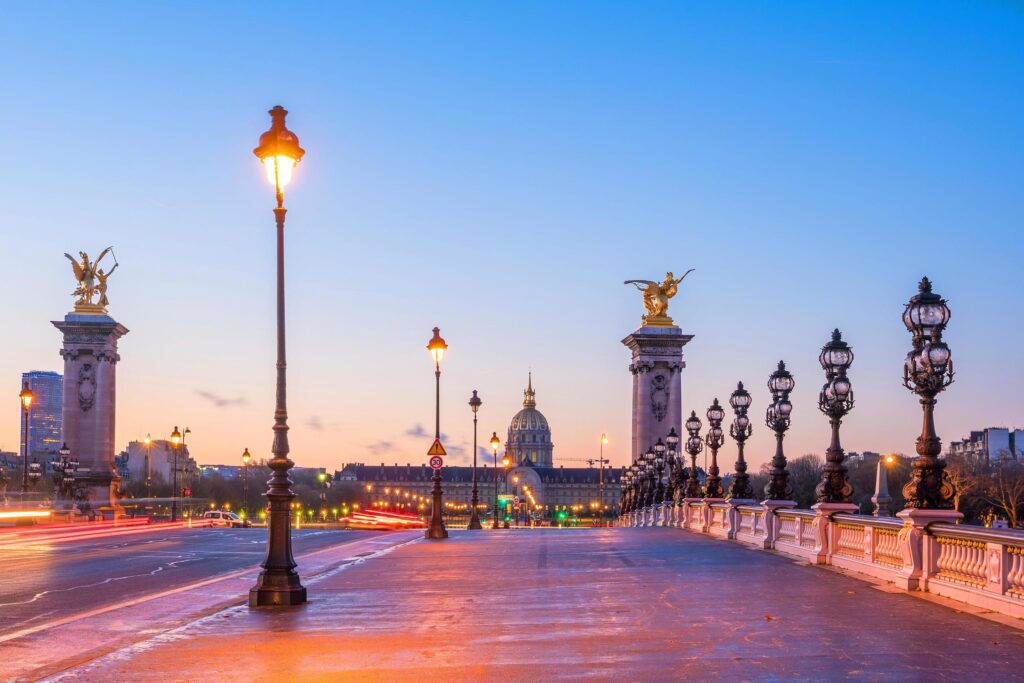 The Alexander III Bridge across Seine river in Paris Stock Free