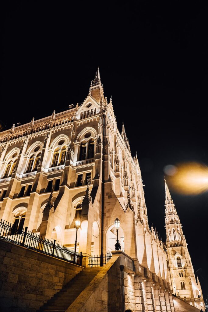 The Hungarian Parliament in Budapest on the Danube in the night lights of the street lamps Stock Free