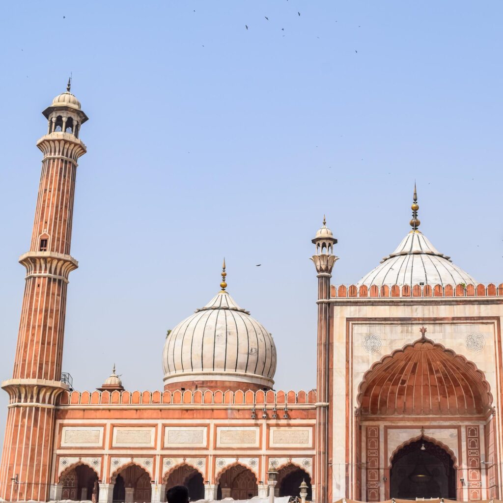 The spectacular architecture of the Great Friday Mosque Jama Masjid in Delhi during Ramzan season, the most important Mosque in India, Jama Masjid Mosque, Old town of Delhi 6, India Stock Free