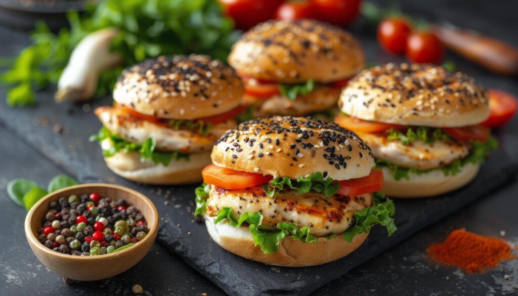 Three Chicken Burgers on a Black Background Stock Free