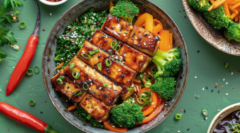 Tofu and Vegetables in a Bowl on Green Background Stock Free