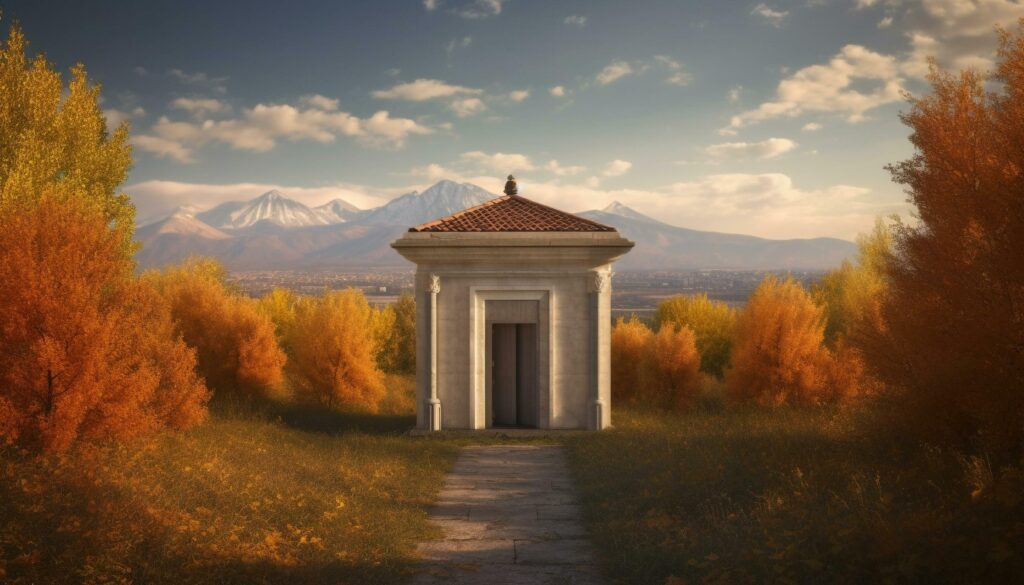 Tranquil autumn chapel in rural mountain landscape, surrounded by yellow trees generated by AI Stock Free