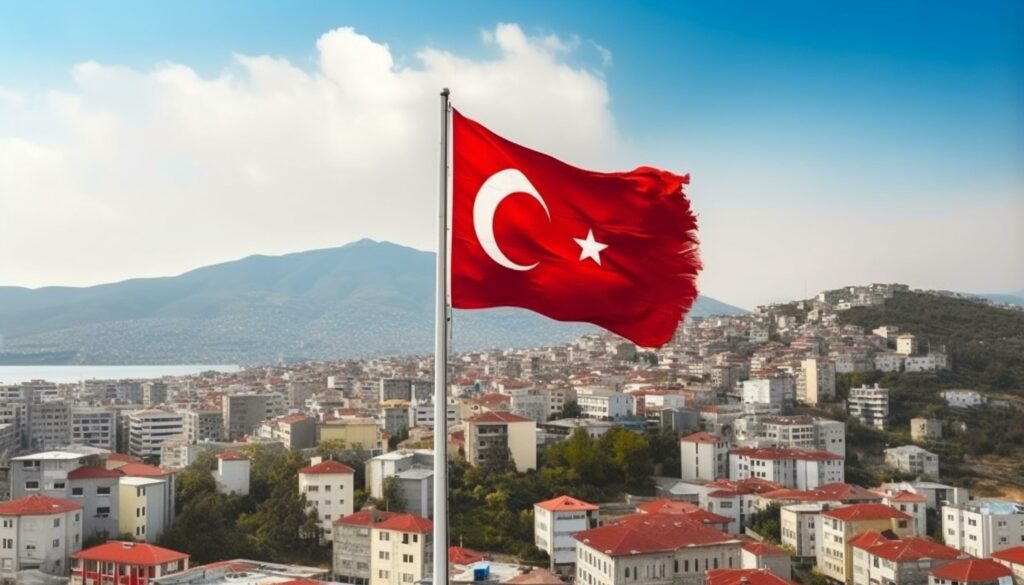 Turkish flag flies high over majestic city skyline at sunset generated by AI Stock Free