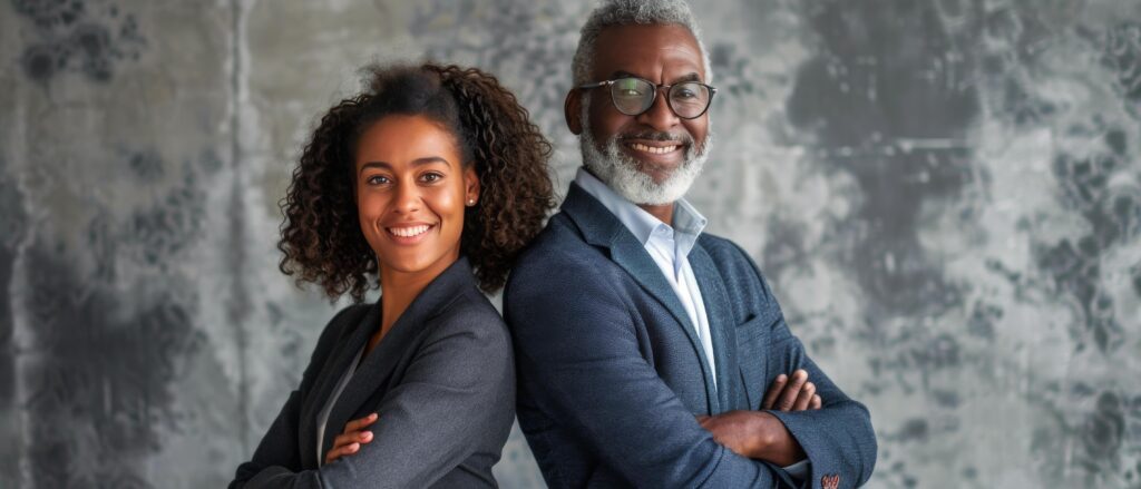 Two Business People in Front of Gray Background Stock Free