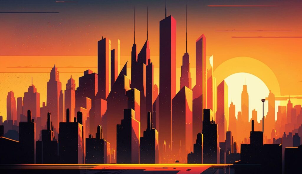 Urban skyline silhouette at sunset, illuminated skyscrapers ,generative AI Stock Free