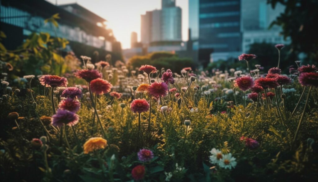 Vibrant wildflowers bloom in tranquil meadow landscape generated by AI Stock Free