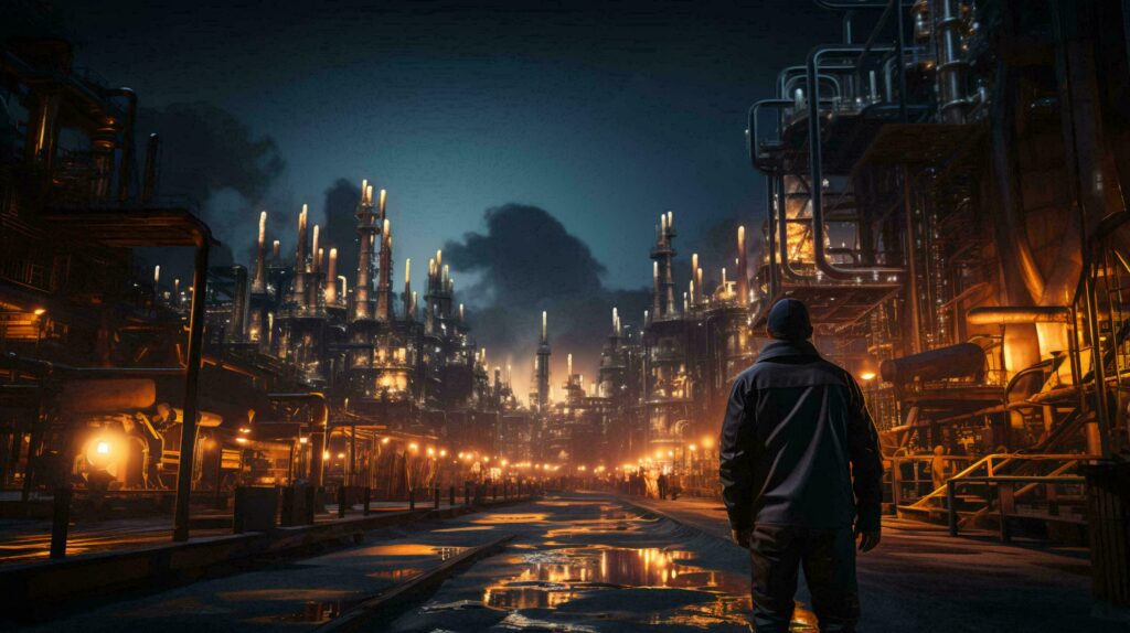 View of a man working engineer from the back against the background of an oil refinery petrochemical chemical plant for the production of gasoline diesel fuel at night. AI generated Stock Free