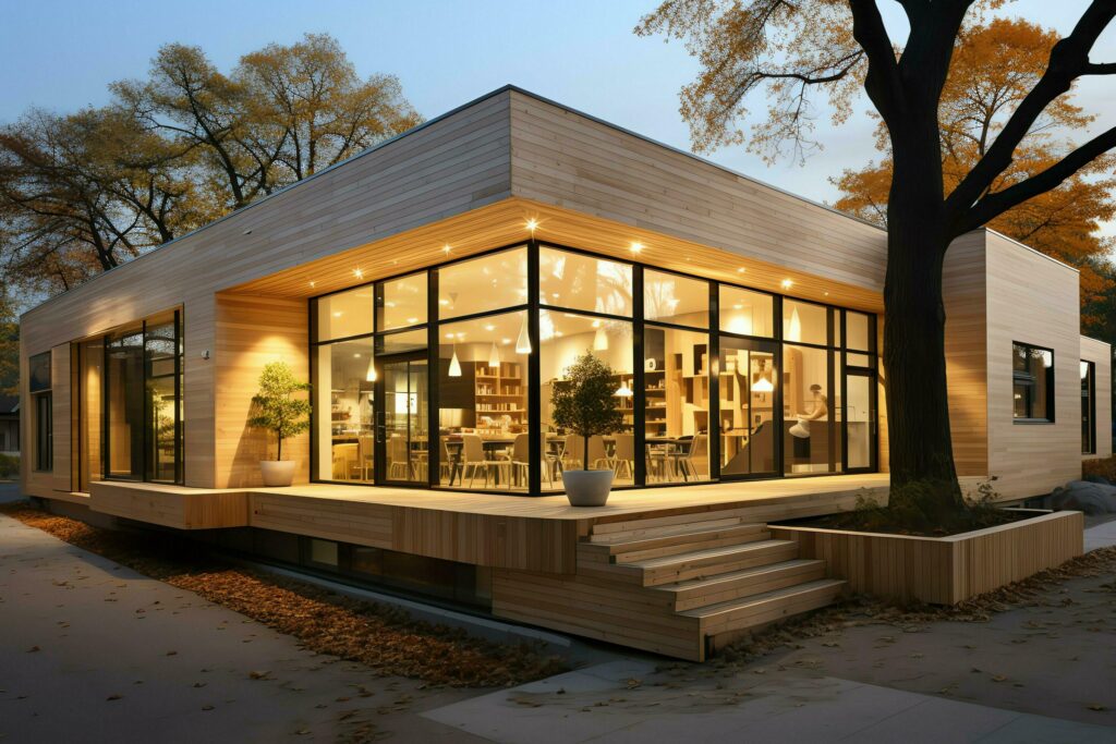 View of early childhood learning building. Design with modern exterior made of wood and a flat roof concept by AI Generated Stock Free