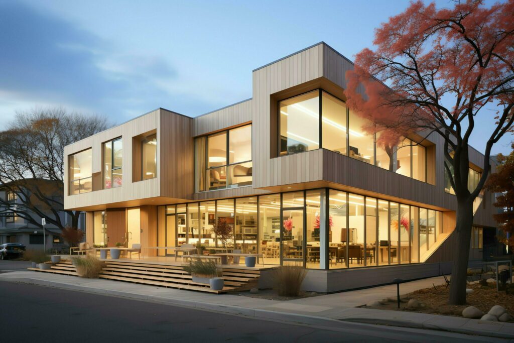 View of early childhood learning building. Design with modern exterior made of wood and a flat roof concept by AI Generated Stock Free