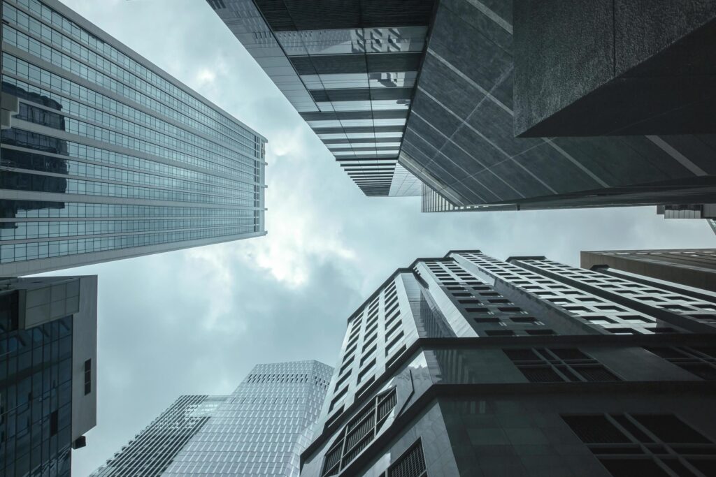 View of modern business skyscrapers glass and sky view landscape of commercial building in central city Stock Free