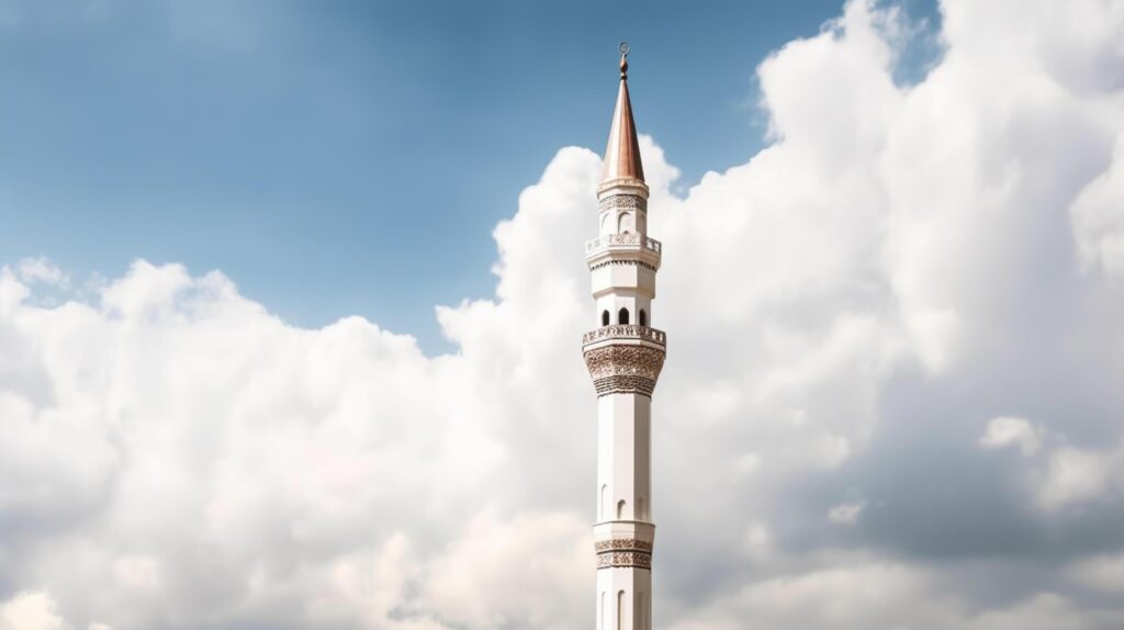 White mosque minaret. Mosque minaret with cloudy sky in background. Stock Free