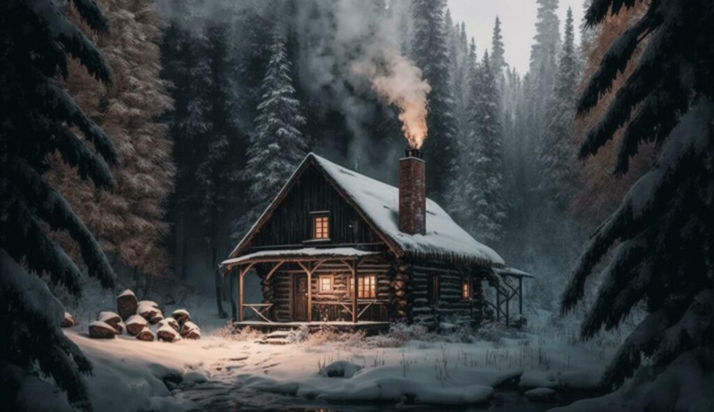 Winter forest hut amid mountain range, smoky fireplace ,generative AI Stock Free